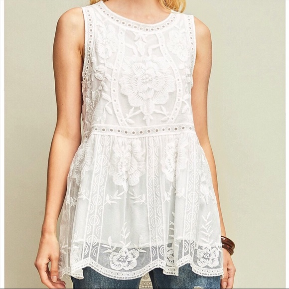 Floral Embroidered Top Lace Eyelet White Blouse - Picture 5 of 6